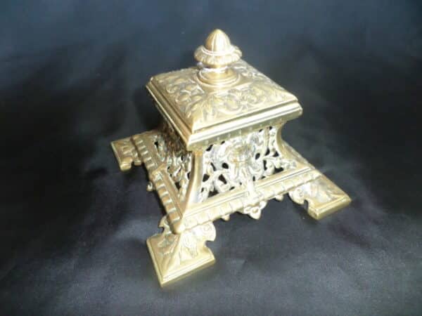 HEAVILY PIERCED BRASS INKWELL. EDWARDIAN