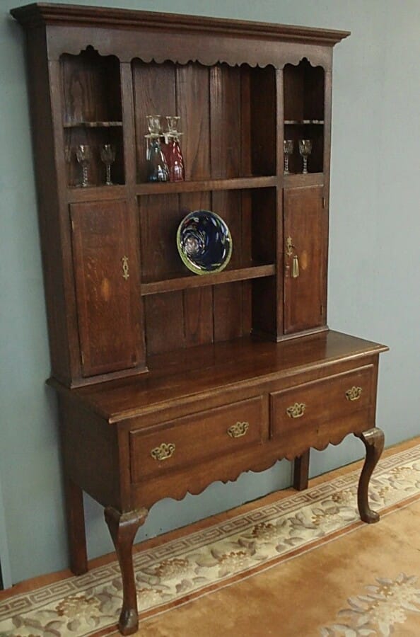 19th Century oak dresser of smaller proportions. With spice cupboards and mahogany inlay. Antique Dressers 4