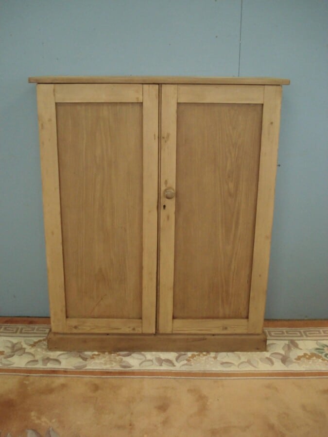Shallow Antique Pine Two Door Cupboard, Old Pine Cupboard With Shelves