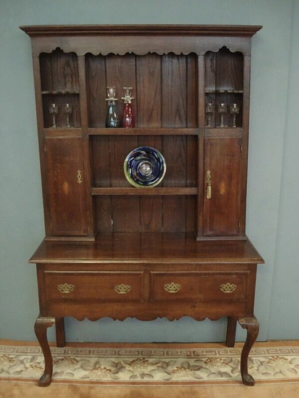 19th Century oak dresser of smaller proportions. With spice cupboards and mahogany inlay. Antique Dressers 3