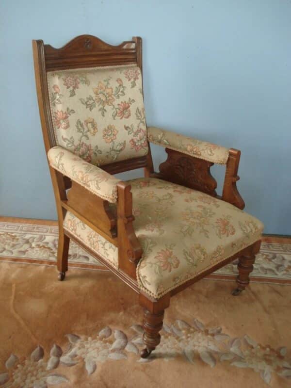 A pair of Edwardian Armchairs in Floral design fabric Antique Chairs 7