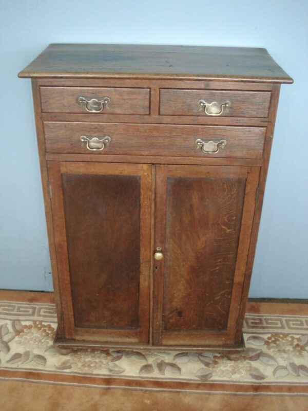 Early Oak Shallow Two Door Cupboard with Three Drawers Antique Cupboards 9