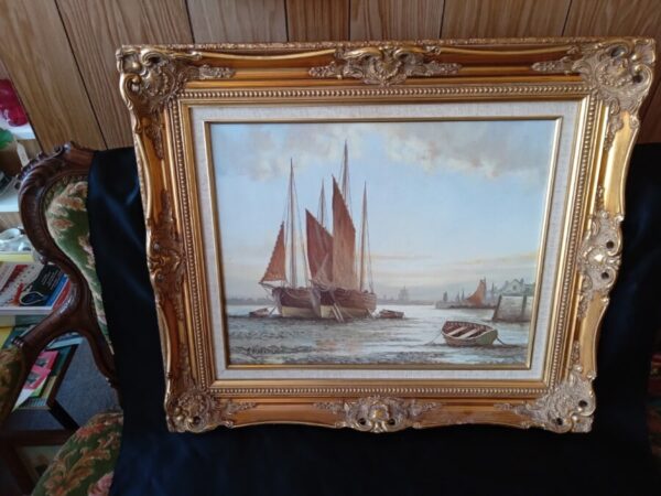 A STUNNING OIL on CANVAS PAINTING–BOATS AT LOW TIDE Antique Nautical 3
