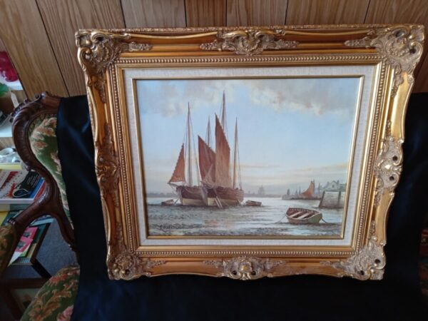A STUNNING OIL on CANVAS PAINTING--BOATS AT LOW TIDE