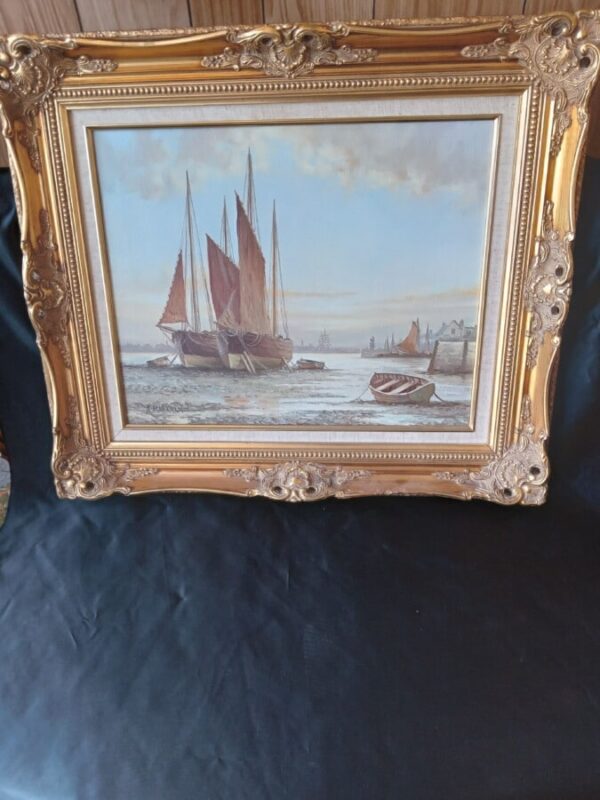A STUNNING OIL on CANVAS PAINTING–BOATS AT LOW TIDE Antique Nautical 4