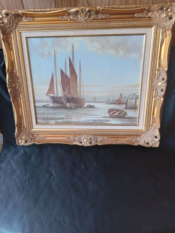 A STUNNING OIL on CANVAS PAINTING--BOATS AT LOW TIDE - Image 2