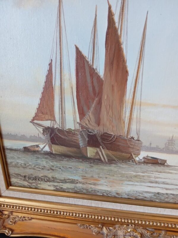 A STUNNING OIL on CANVAS PAINTING–BOATS AT LOW TIDE Antique Nautical 7