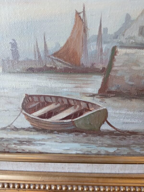 A STUNNING OIL on CANVAS PAINTING–BOATS AT LOW TIDE Antique Nautical 8