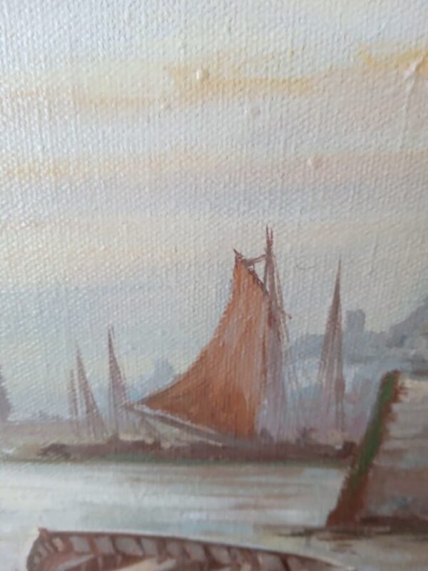 A STUNNING OIL on CANVAS PAINTING–BOATS AT LOW TIDE Antique Nautical 9