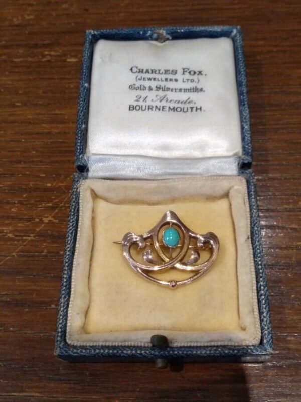 Art Nouveau Murrle Bennett Gold and Turquoise Brooch - Image 4