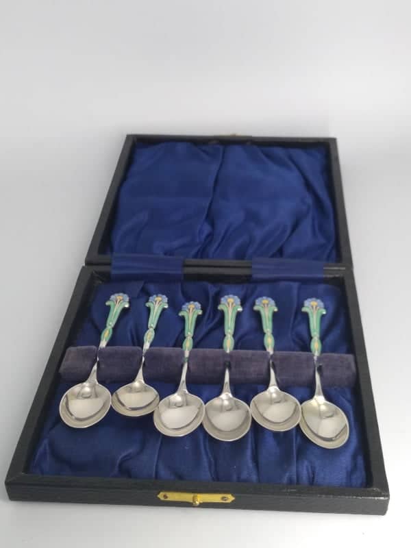 Boxed Set of Enamel Spoons Boxed Set Spoons Antique Silver 3