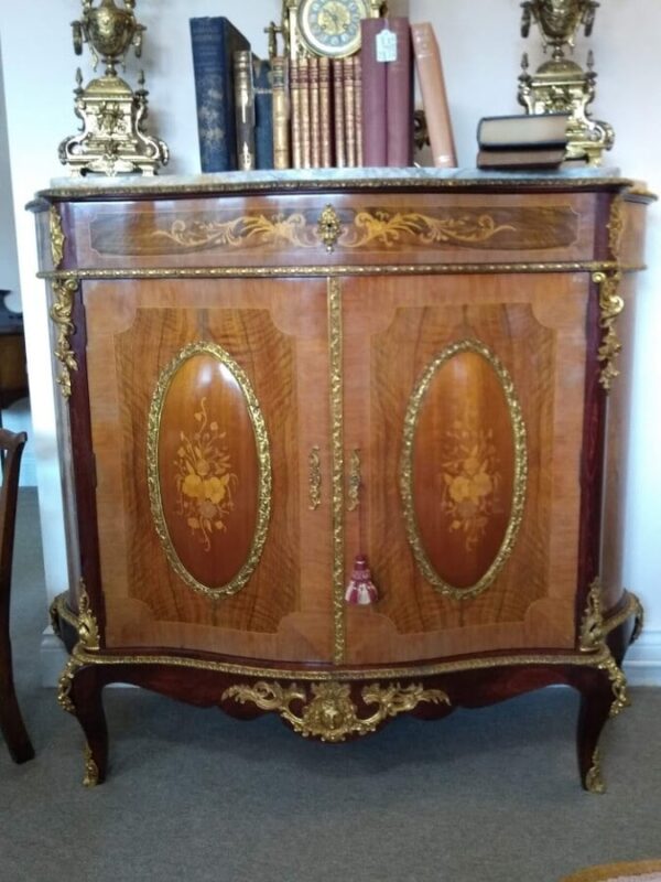Louis XV1 Style French Marble Top Cabinet burr walnut Antique Furniture 3