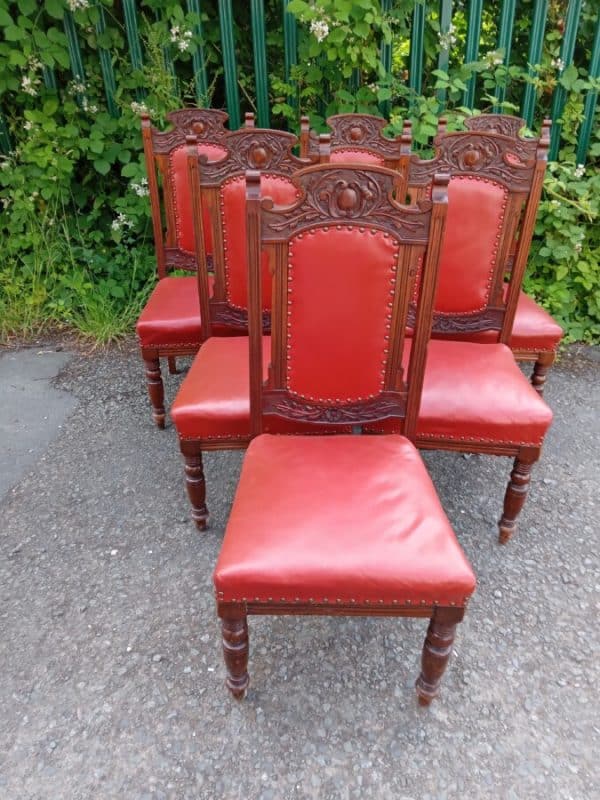 6 MAHOGANY/RED LEATHER CHAIRS. EDWARDIAN