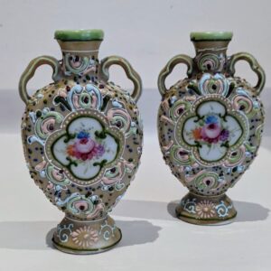 Pair of Moriage Flasks hand painted Antique Ceramics