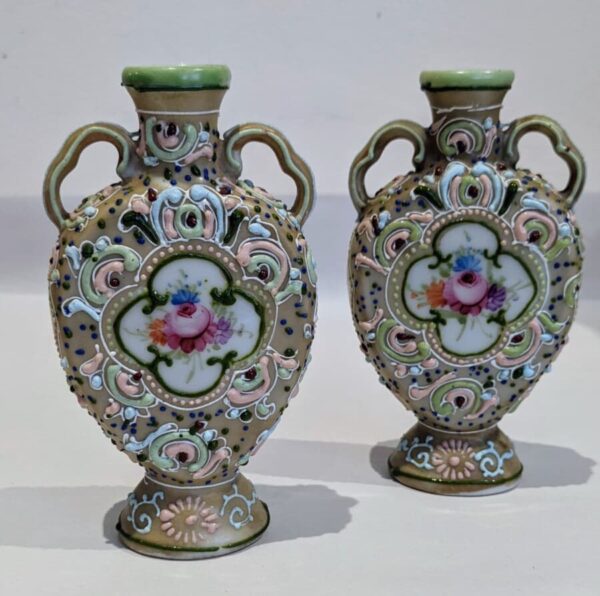 Pair of Moriage Flasks hand painted Antique Ceramics 3