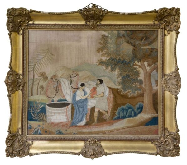 A fine mid 19thC Woolwork picture of "Rebecca at the well"