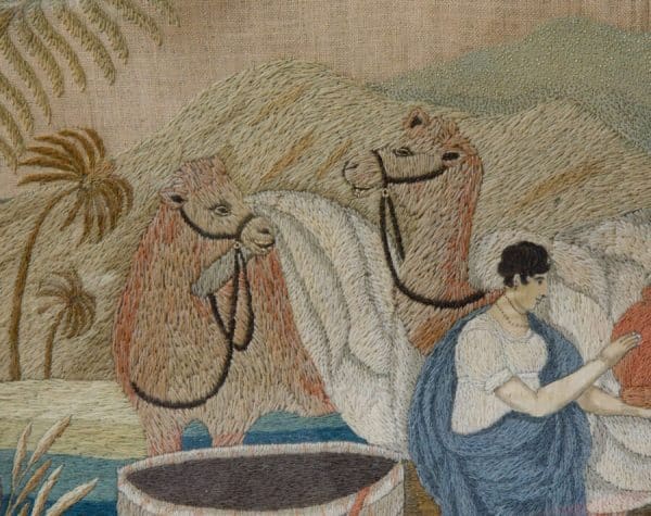 A fine mid 19thC Woolwork picture of “Rebecca at the well” Antique Art 4
