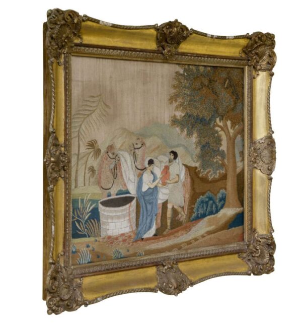 A fine mid 19thC Woolwork picture of “Rebecca at the well” Antique Art 7