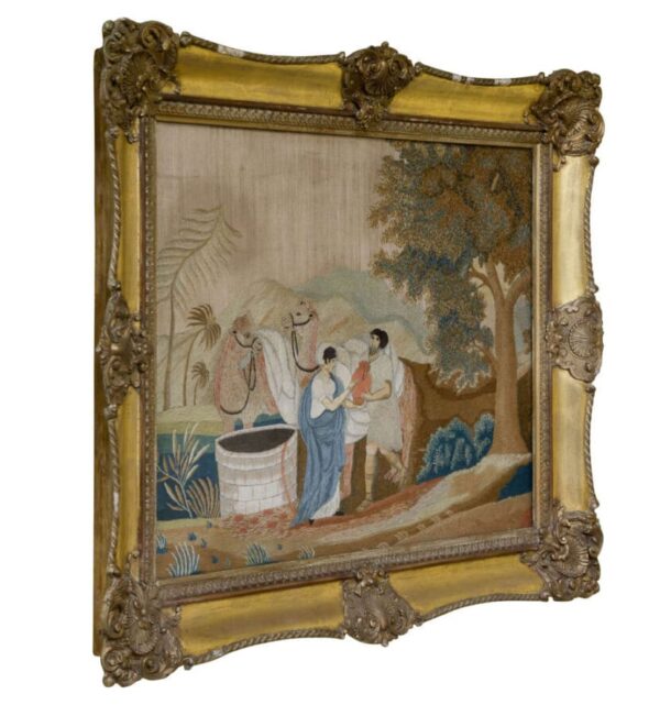 A fine mid 19thC Woolwork picture of "Rebecca at the well" - Image 5