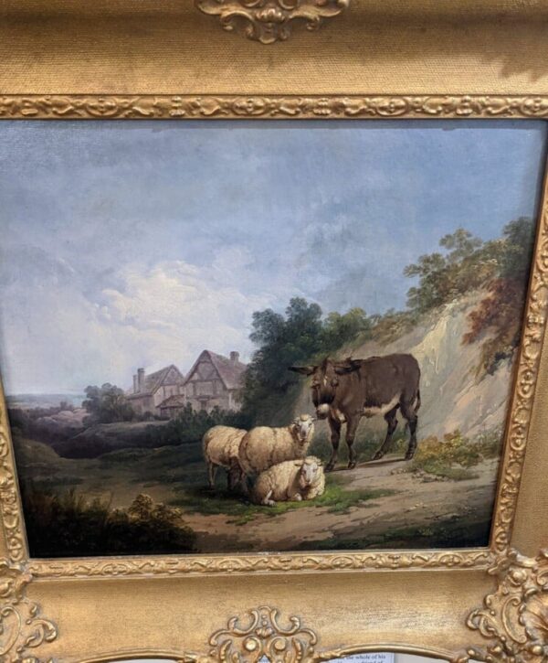 Donkey and Sheep Oil animals painting Antique Art 6
