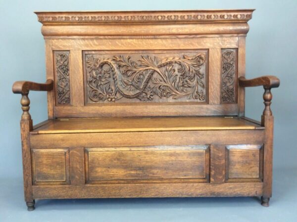 Oak Box Settle / Hall Seat c1880 Box Settle Antique Benches 6