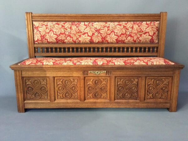 Gothic Revival / Arts & Crafts Oak Settle by Gillows gothic revival Antique Benches 4