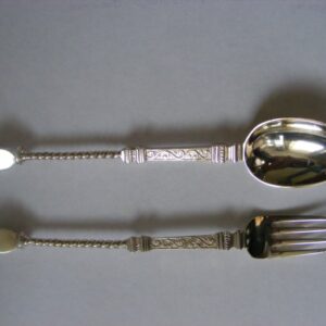 Exquisite CAST silver Heraldic Lion Terminal Spoon Fork set 1871 Female Silversmith Jane Brownett armorial Antique Silver