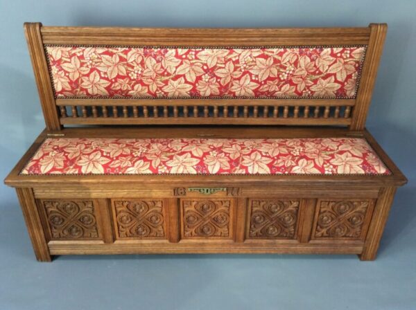 Gothic Revival / Arts & Crafts Oak Settle by Gillows gothic revival Antique Benches 9