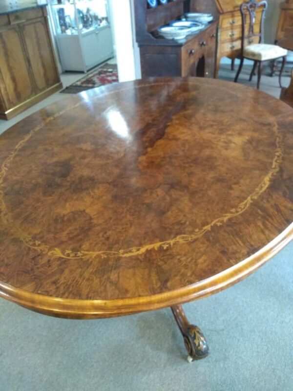 Oval Walnut Victorian Inlaid Tilt Top Table