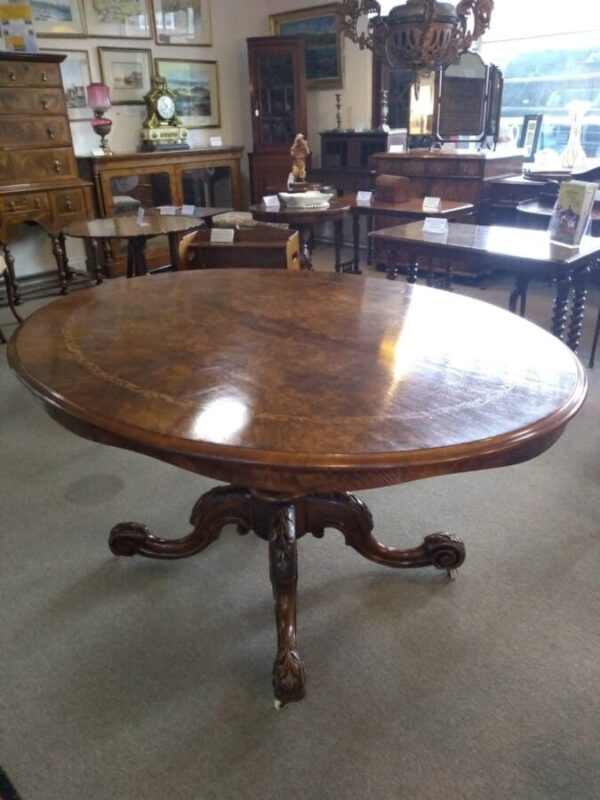 Oval Walnut Victorian Inlaid Tilt Top Table - Image 10