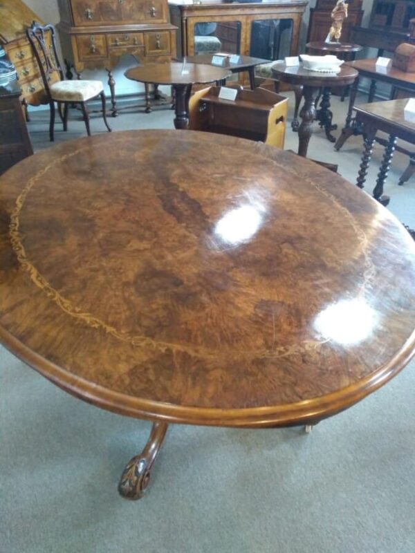 Oval Walnut Victorian Inlaid Tilt Top Table - Image 3