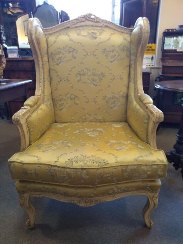 Pair of French Louis XV Rococo Style Carved Wood Wingbacks - Image 2