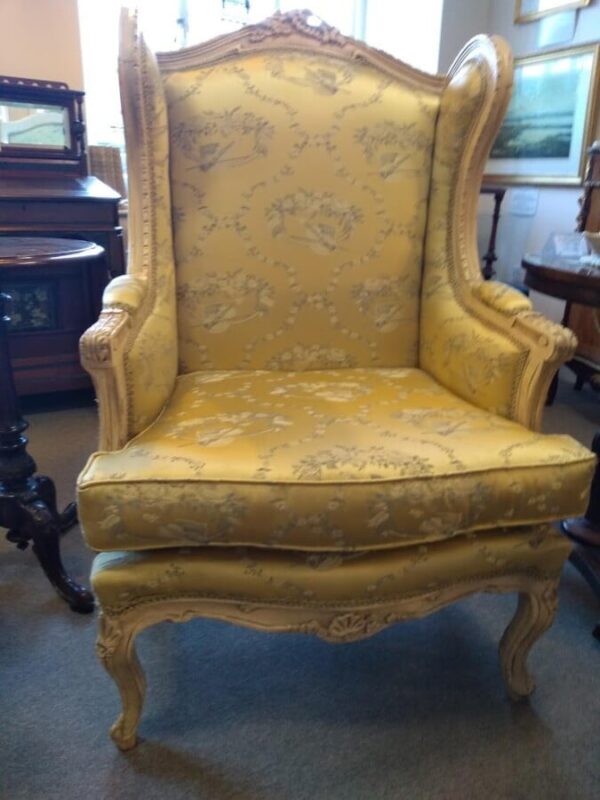 Pair of French Louis XV Rococo Style Carved Wood Wingbacks - Image 3