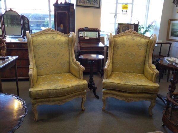 Pair of French Louis XV Rococo Style Carved Wood Wingbacks