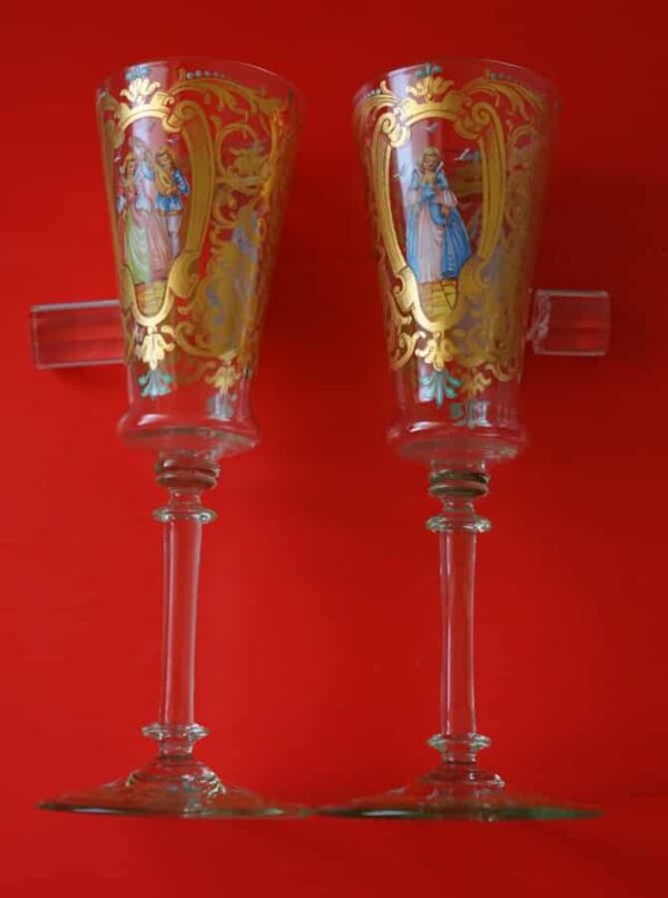Rare Vintage Pair of 2 Hand Painted Venetian Murano Champagne Flutes Champagne Flutes, Antique Glassware 3
