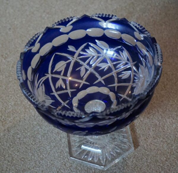 SALE – Large Bohemian Cobalt Blue & Clear Cut Glass Footed Bowl / Punch Bowl Bohemian glass Antique Glassware 6