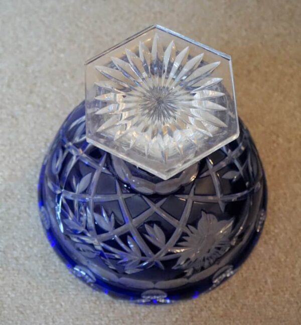 SALE – Large Bohemian Cobalt Blue & Clear Cut Glass Footed Bowl / Punch Bowl Bohemian glass Antique Glassware 4