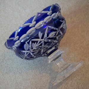 SALE – Large Bohemian Cobalt Blue & Clear Cut Glass Footed Bowl / Punch Bowl Bohemian glass Antique Glassware
