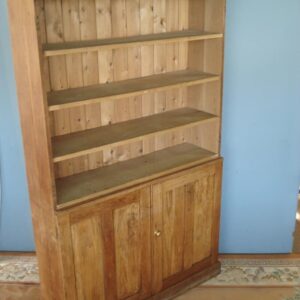 Open shelves over a Two Door Oak Cupboard – separates for transport. Antique Cupboards