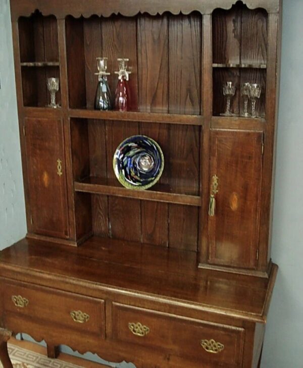 19th Century oak dresser of smaller proportions. With spice cupboards and mahogany inlay. Antique Dressers 4