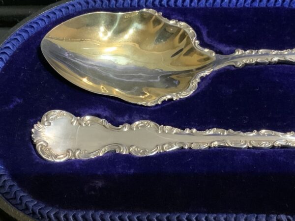 Silver & Gilt Pair of Serving Spoons in their original Case Antique Silver 4