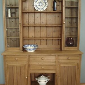Edwardian Pine Dresser with glazed cupboards flanking the open rack. Antique Dressers