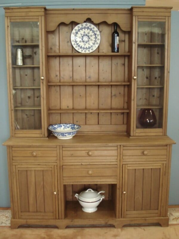 Edwardian Pine Dresser with glazed cupboards flanking the open rack. Antique Dressers 3