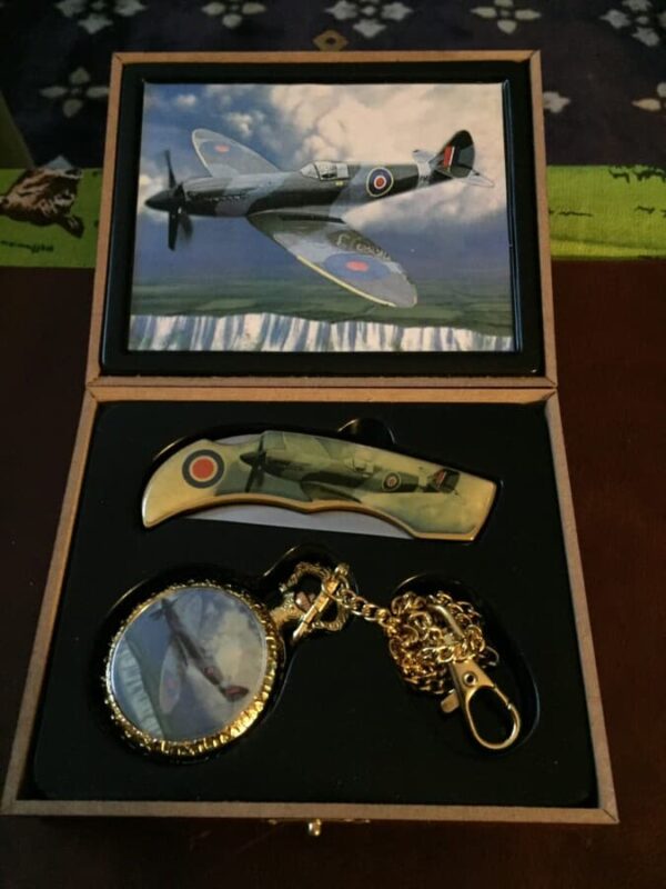 Battle of Britain spitfire celebration pocket watch and knife by flint collectables