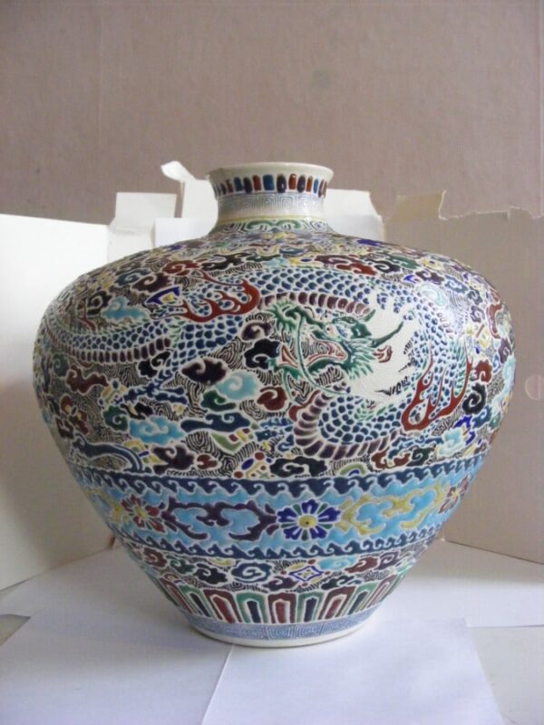 Large stunning Chinese ovoid vase wonderful COLOURFUL enamel 2 dragons