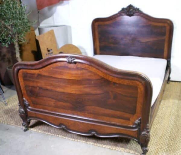 Antique French Second Empire Rosewood & Amboyna King Double Bed, c 1860