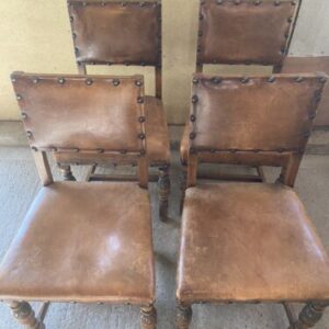 Antique Set of Four English Oak & Leather Dining Chairs chair Miscellaneous