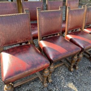 Antique Set 8 Eight Elizabethan Revival Oak & Leather Dining Chairs, c 1930 chair Miscellaneous