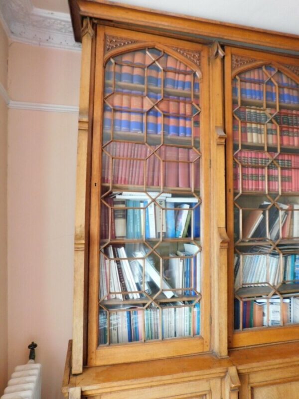 Antique Oak Gothic Arts & Crafts Bookcase Glazed Cabinet, c 1870 - Image 3