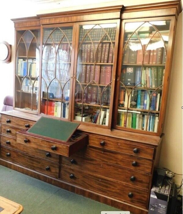 Antique Mahogany Breakfront Cabinet Secretaire Bookcase Rent, c 1820 - Image 3